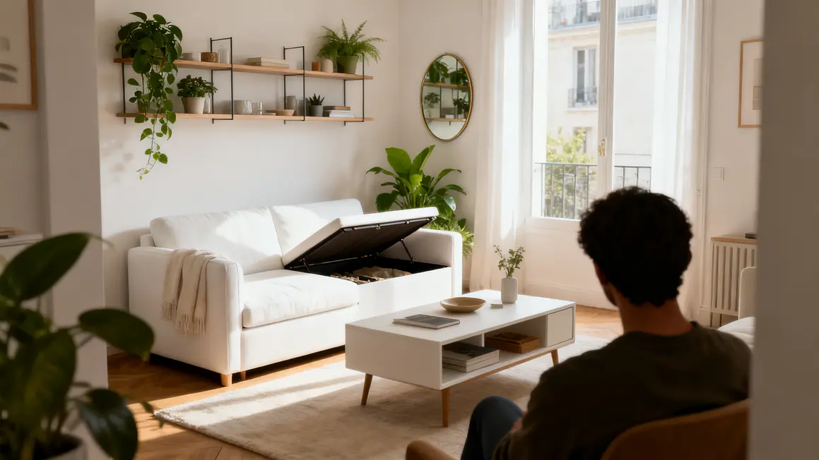salon minimaliste : checklist avant de se lancer en petit budget 2 Salon minimaliste compact avec canapé coffre et table basse multifonction blanc beige