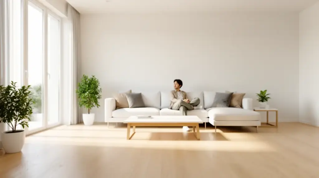 Salon minimaliste lumineux blanc et bois clair