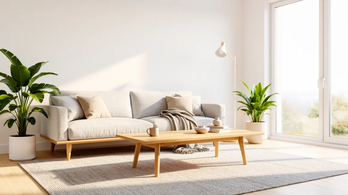 Salon minimaliste lumineux mobilier bois clair canape gris plantes