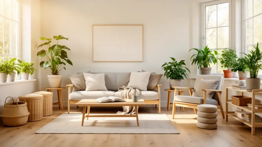 vue salon minimaliste moderne épuré chaleureux