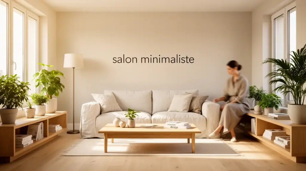 salon minimaliste lumineux et epure avec bois clair et plantes vertes
