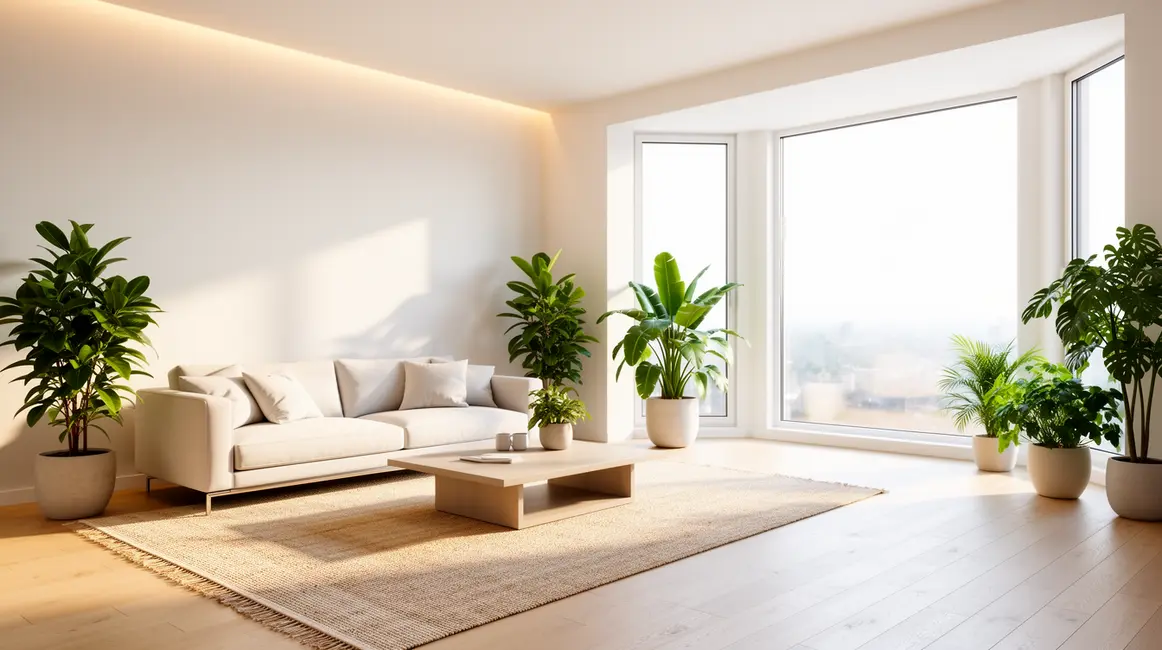 salon minimaliste : checklist avant de se lancer 23 Salon minimaliste lumineux et épuré, déco claire et plante verte