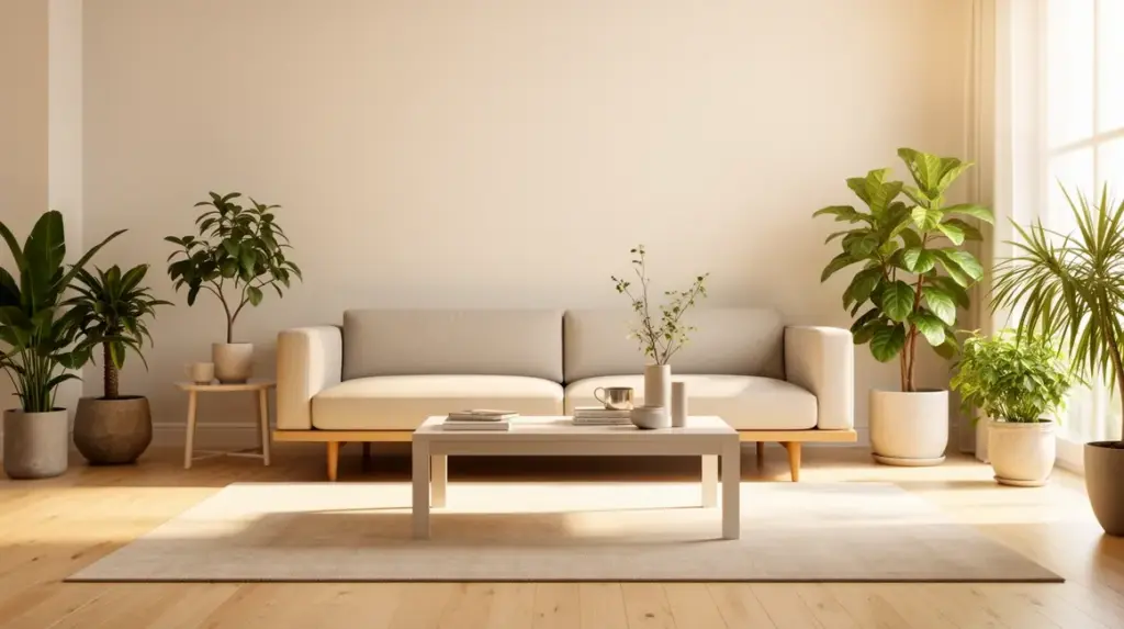salon minimaliste lumineux et épuré avec meubles fonctionnels et accessoires discrets