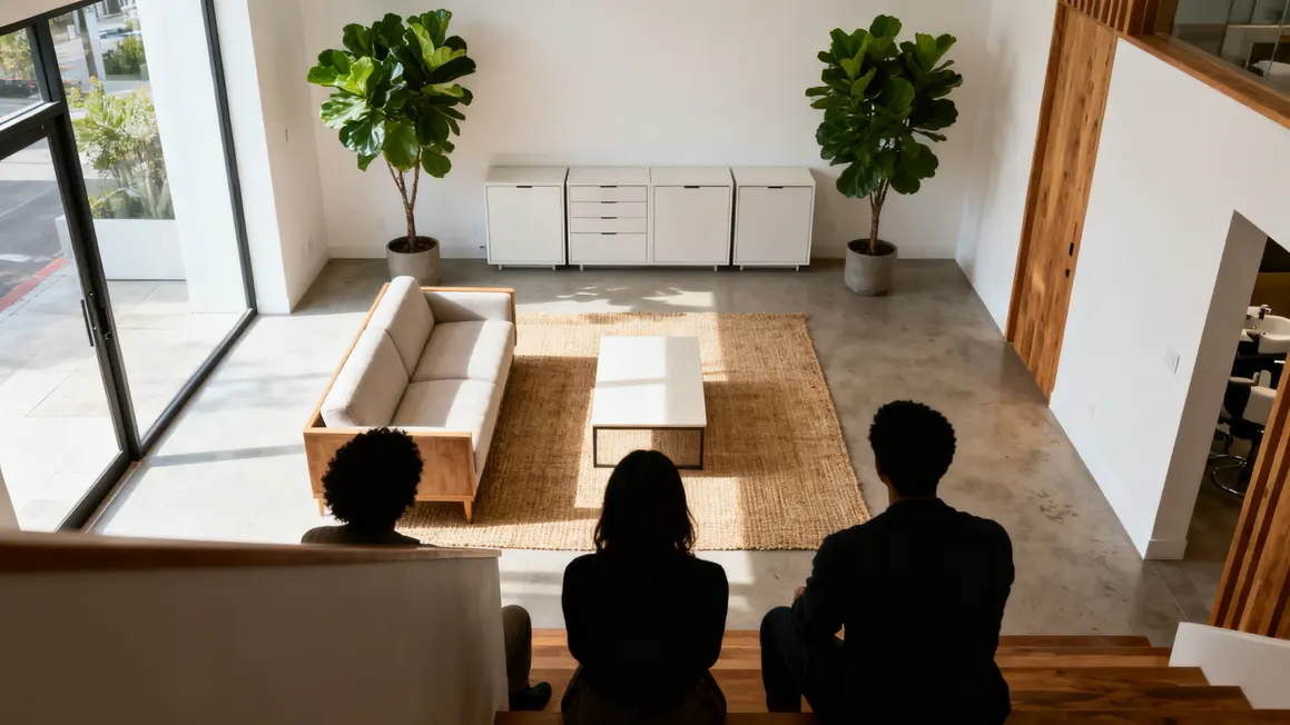 salon minimaliste : checklist avant de se lancer 2 Vue de haut salon minimaliste moderne meubles épurés