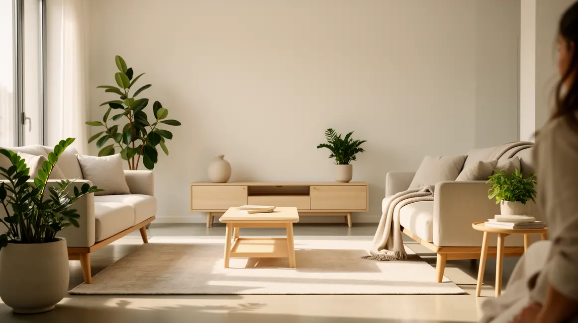 Salon minimaliste lumineux neutre chaleureux avec plantes et meubles bois clair