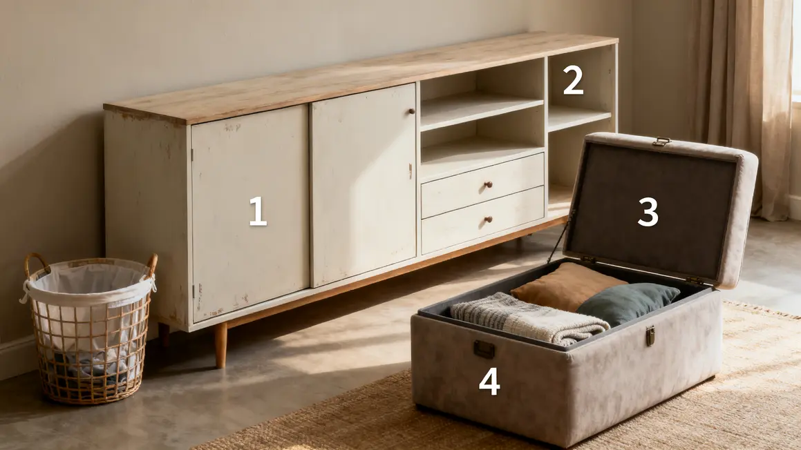 salon minimaliste : checklist avant de se lancer 3 Buffet fermé et rangements minimalistes dans salon minimaliste