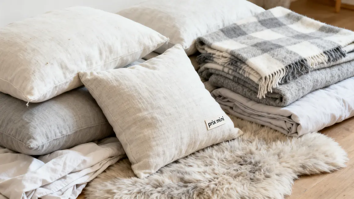 décoration douce : priorités à vérifier en premier en petit budget 3 Pile textiles naturels coussins lin plaid laine prix mini
