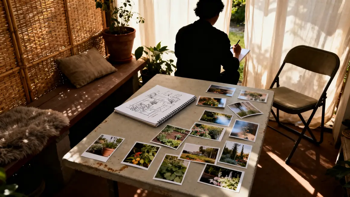 jardin détente : plan d’action simple et réaliste en petit budget 2 Croquis carnet vision jardin detente canisses