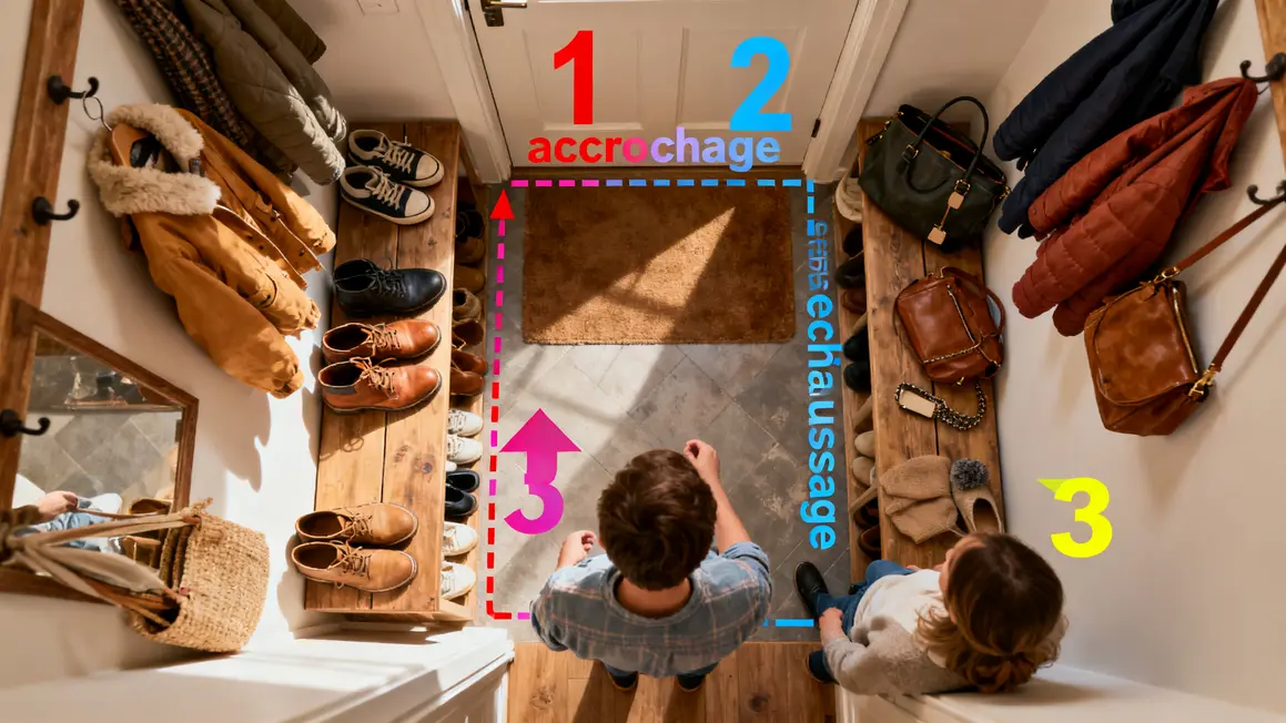 rangement de l’entrée : plan d’action simple et réaliste 2 schema entree familiale avec zones accrochage depose dechaussage