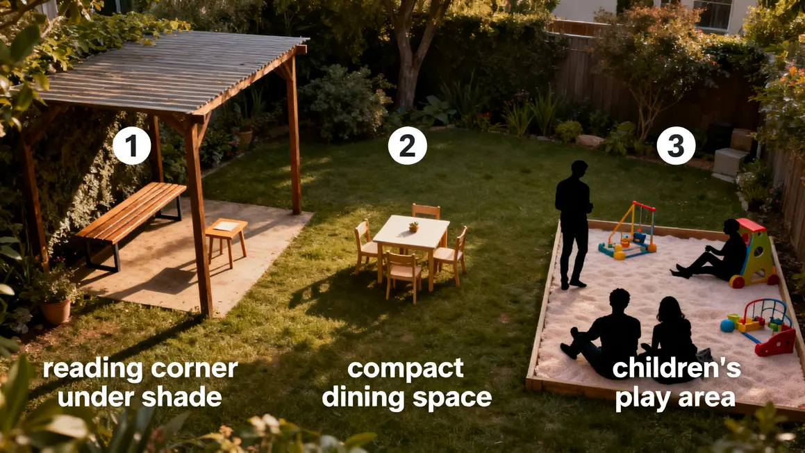 jardin détente : priorités à vérifier en premier en petit budget 2 Trois zones jardin détente lecture repas jeux optimisé