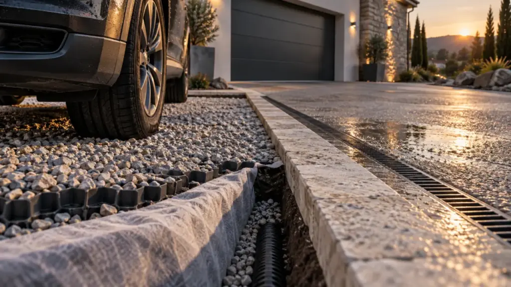 Aménagement d allée de garage avec gravier stabilisé et drainage pour éviter flaques