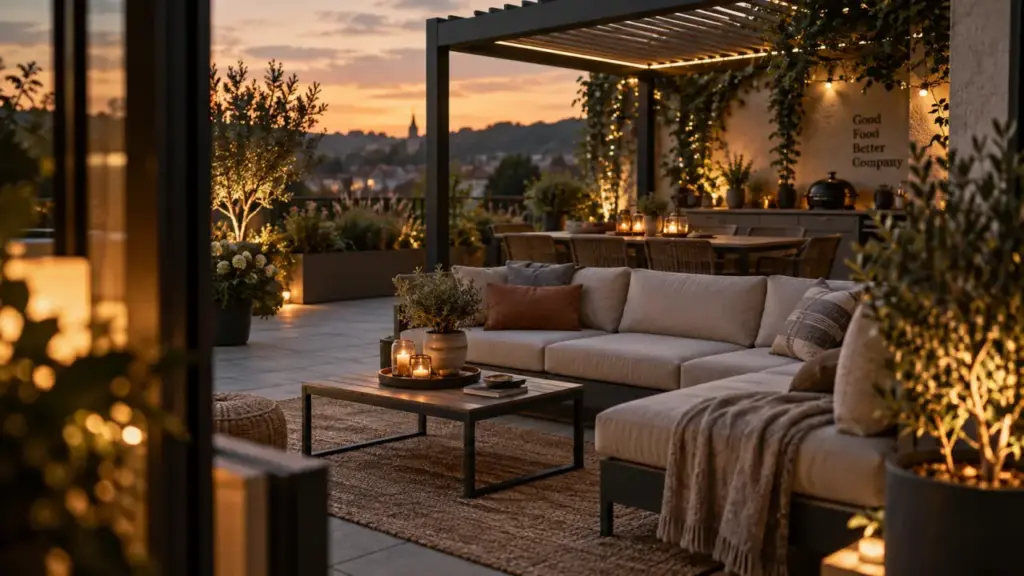 Aménagement pergola extérieur : terrasse contemporaine avec pergola bioclimatique au crépuscule