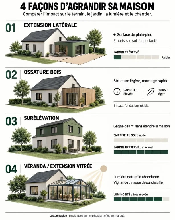 Extension de maison : la surface mal calculée peut faire exploser le budget 2 Infographie comparative des solutions d’extension de maison
