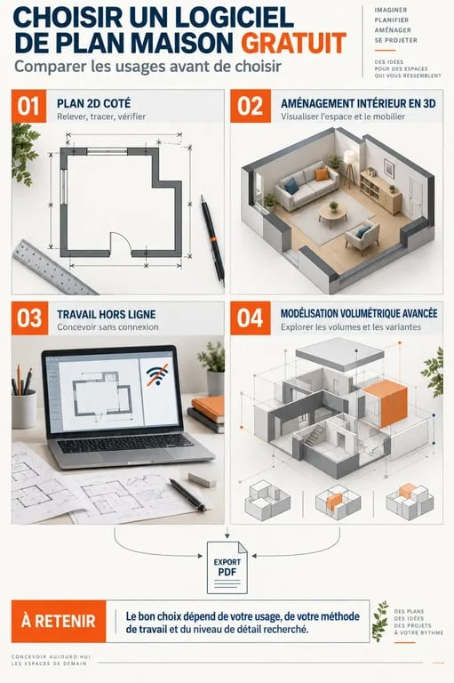 Quel logiciel plan maison gratuit choisir : 2D précise, 3D réaliste ou travail hors ligne ? 2 Infographie comparative pour choisir un logiciel plan maison gratuit selon les usages 2D, 3D et hors ligne