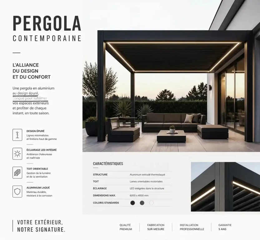 Aménagement de pergola : 5 étapes pour créer un espace de vie extérieur durable 3 Aménagement pergola extérieur style contemporain en aluminium avec design minimaliste