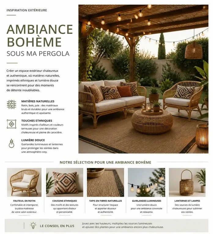 Aménagement de pergola : 5 étapes pour créer un espace de vie extérieur durable 2 Aménagement pergola extérieur style bohème avec mobilier en rotin et décoration naturelle