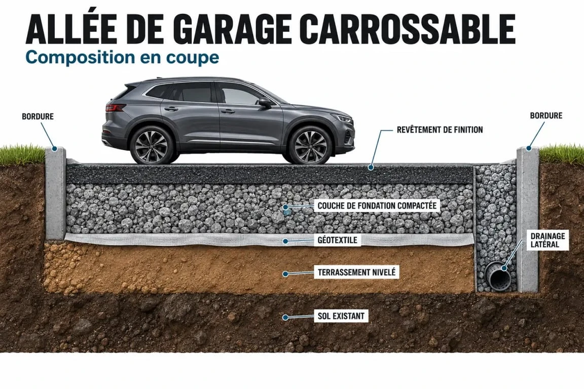 Allée de garage : un sol mal préparé suffit à créer flaques et ornières 2 Schéma de composition d’un aménagement d’allée de garage carrossable avec fondation et drainage