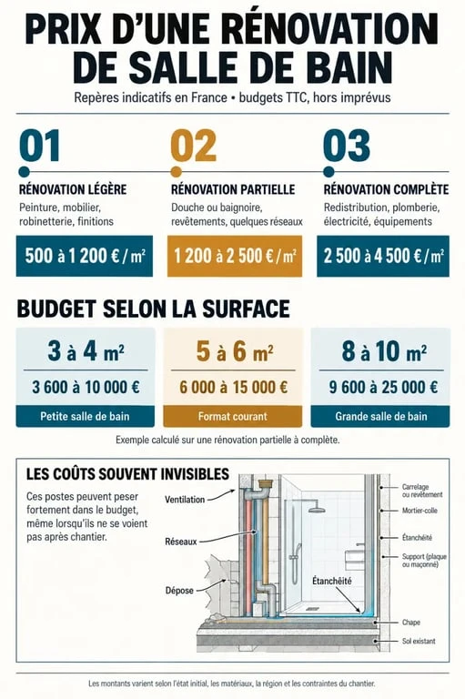 Prix rénovation salle de bain : quel budget prévoir selon la surface et le niveau de travaux ? 2 Infographie du prix de rénovation d’une salle de bain selon la surface et le niveau de travaux