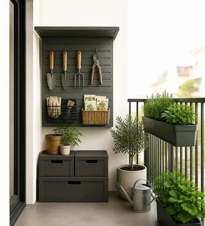 Rangement des outils de jardinage : le mur libère vraiment l’espace au sol 3 Rangement outils jardinage gain de place sur un balcon avec crochets et boîtes compactes