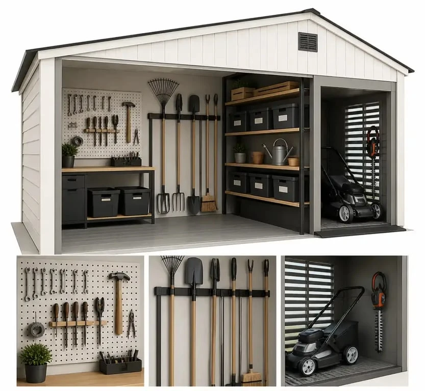 Rangement des outils de jardinage : le mur libère vraiment l’espace au sol 2 Rangement outils jardinage organisé dans un garage avec panneau mural et râtelier vertical