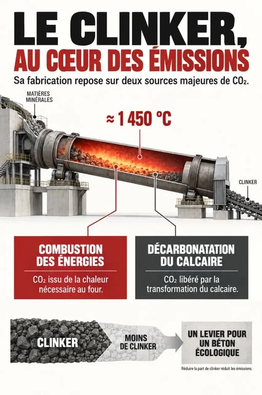 Béton écologique : réduire le clinker sans fragiliser l’ouvrage 2 Infographie sur le béton écologique et les émissions de CO2 liées à la fabrication du clinker