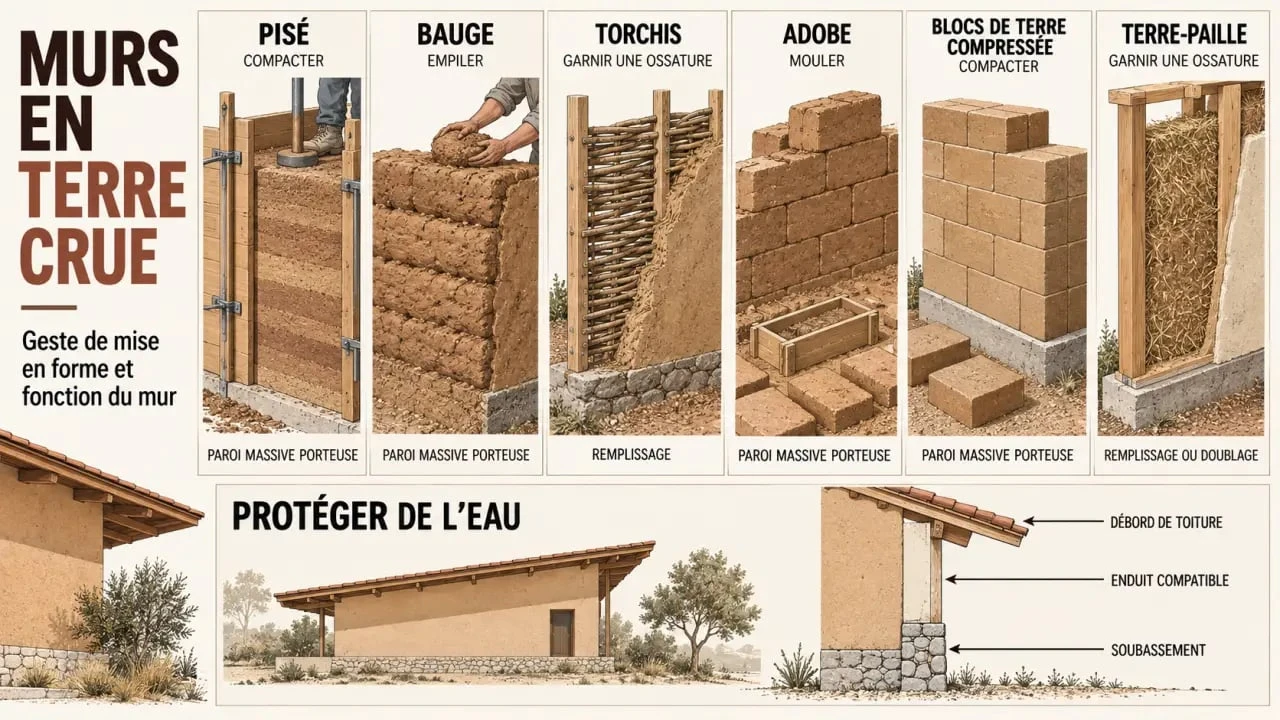 Infographie comparative des techniques de mur en terre crue : pisé, bauge, torchis, adobe, BTC et terre-paille