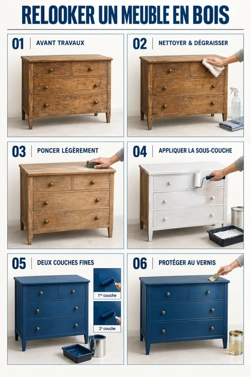 Relooker un meuble en bois : le ponçage inutile qui fait écailler la peinture 2 Étapes pour relooker un meuble en bois : nettoyage, ponçage, peinture et protection