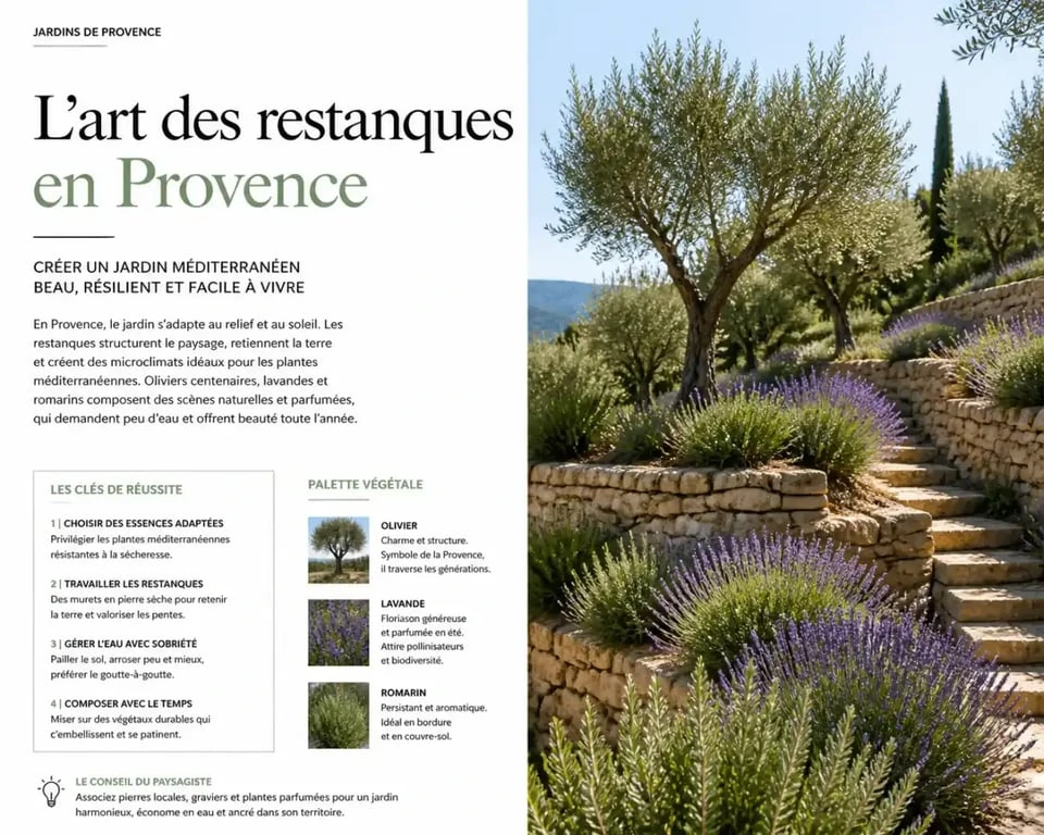 Jardin en restanques : 3 étapes pour stabiliser votre terrain en pente et créer un microclimat fertile 3 Jardin en restanques avec des plantes méditerranéennes