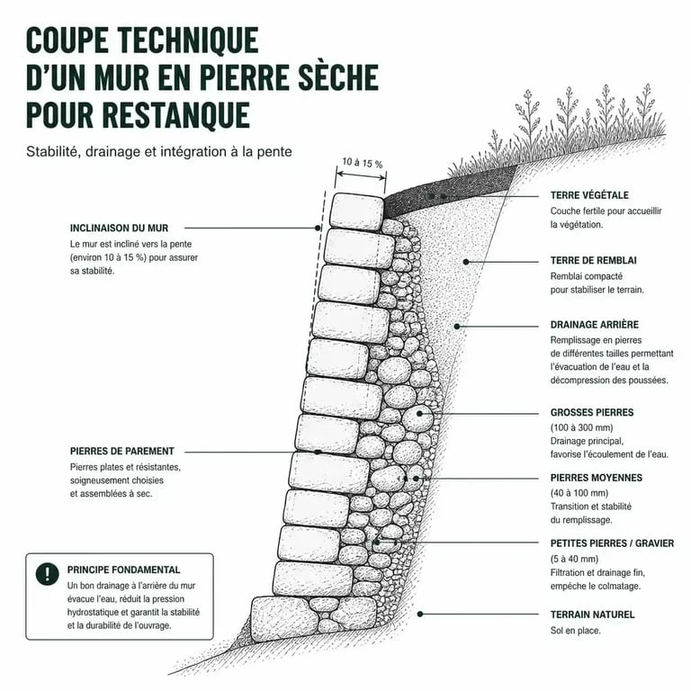 Jardin en restanques : 3 étapes pour stabiliser votre terrain en pente et créer un microclimat fertile 2 Schéma en coupe d'un jardin en restanques montrant le drainage et la structure