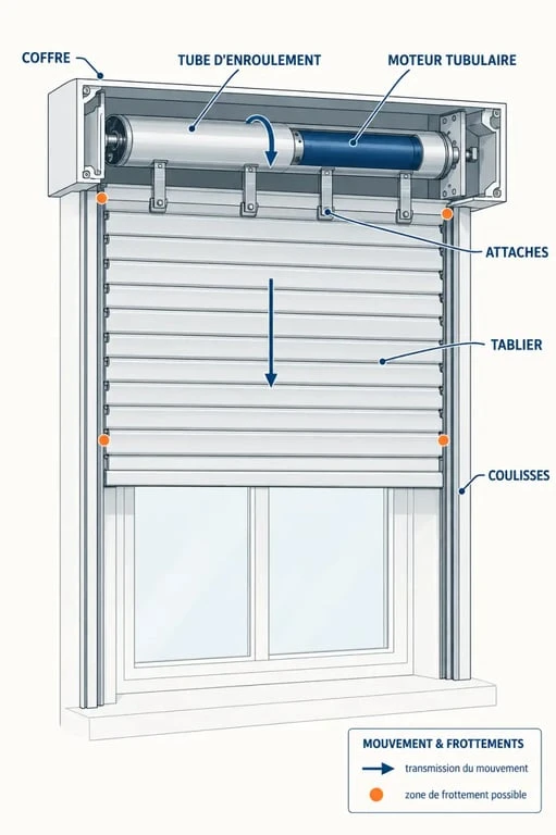 Motorisation de volet roulant : le mauvais couple fatigue le moteur sans corriger le volet 2 Schéma de motorisation de volet roulant avec tablier, tube et moteur tubulaire