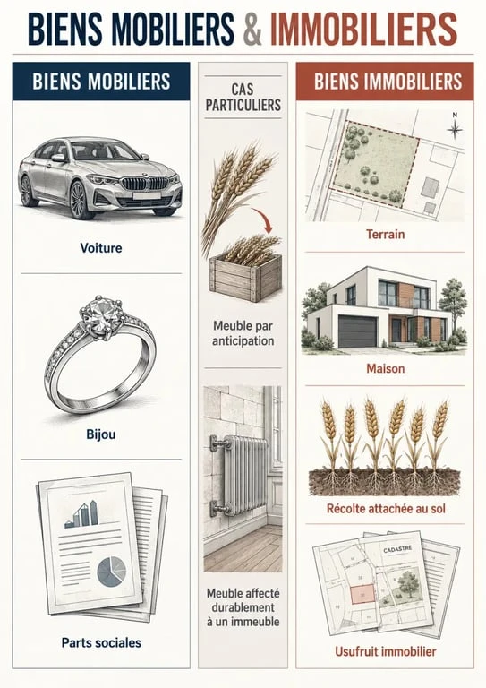 Bien mobilier ou immobilier : ce que la qualification change pour une vente, une succession ou une donation 2 Infographie comparative sur le bien mobilier et immobilier et leurs principales catégories juridiques