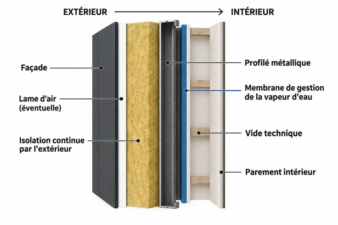 Maison à ossature métallique : rapide à monter, exigeante sur l’isolation 2 Schéma des couches d'une maison à ossature métallique et de son isolation