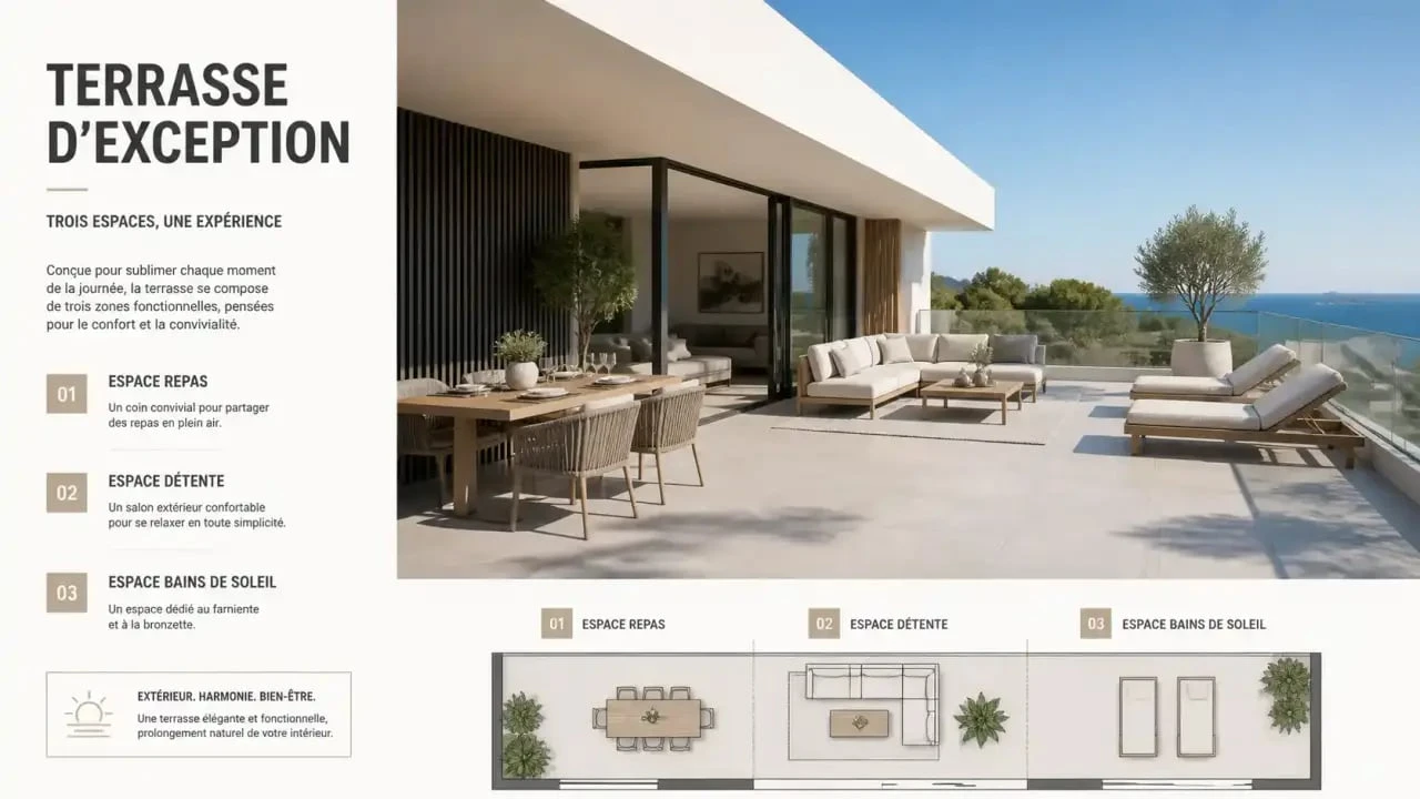 Terrasse maison moderne : 6 matériaux et conseils pour un aménagement design 3 Aménagement d'une terrasse maison moderne avec zones de vie distinctes