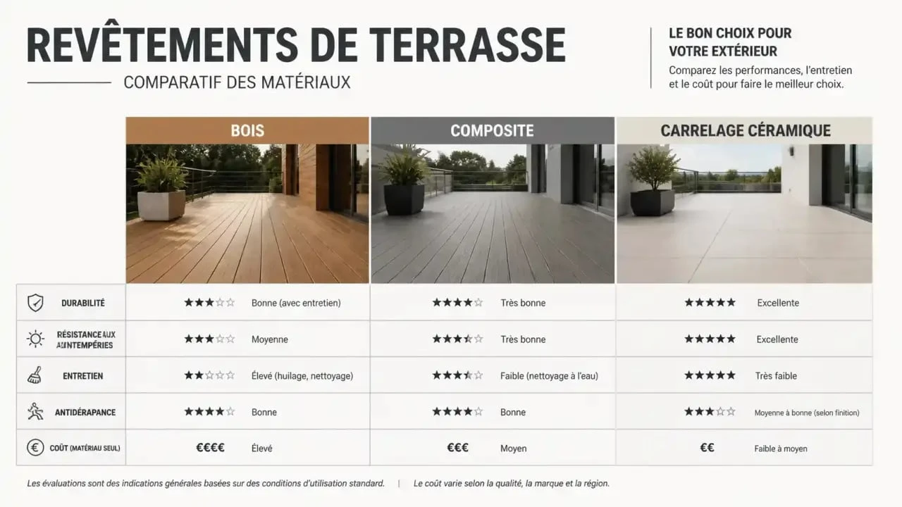Terrasse maison moderne : 6 matériaux et conseils pour un aménagement design 2 Comparatif des matériaux pour une terrasse maison moderne : bois, composite et grès cérame
