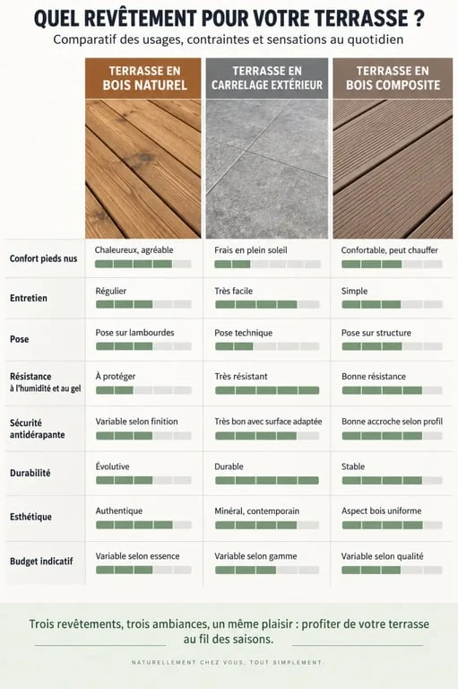 Infographie comparative terrasse bois ou carrelage avec bois composite