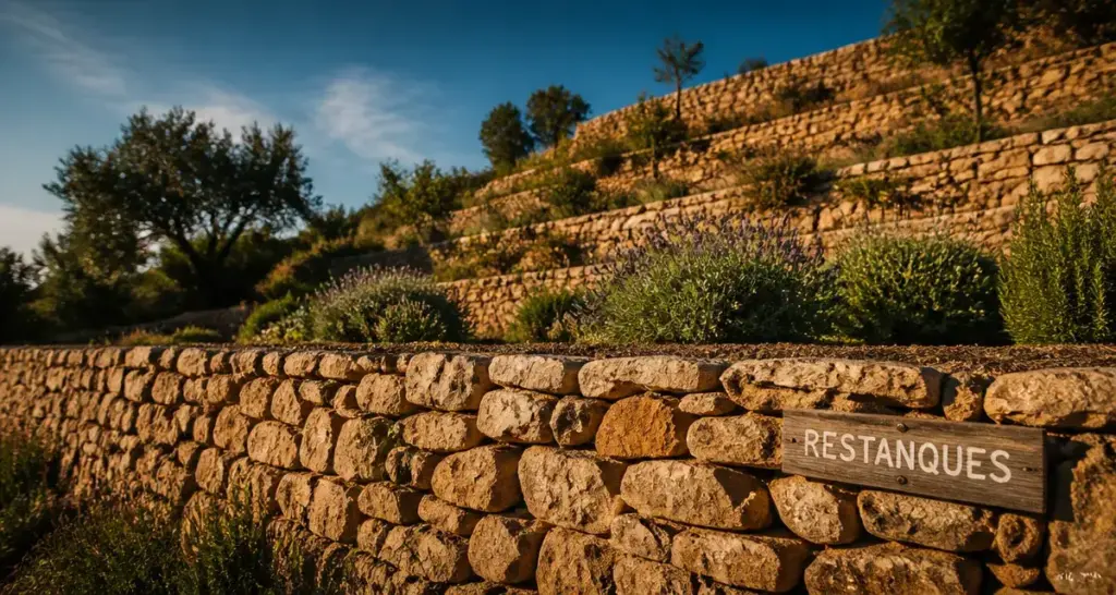 Jardin restanque en Provence : mur en pierres sèches et terrasse fertile