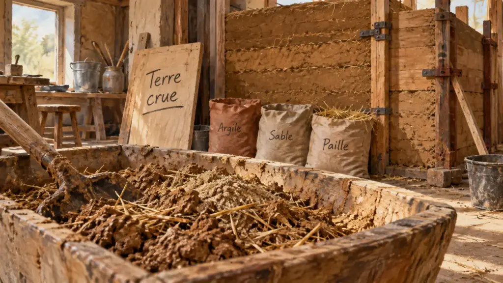 Mur terre crue : eau liquide avant isolation