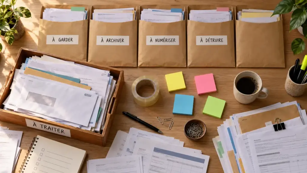 Organiser papier administratif : documents en zones (à traiter, à archiver)