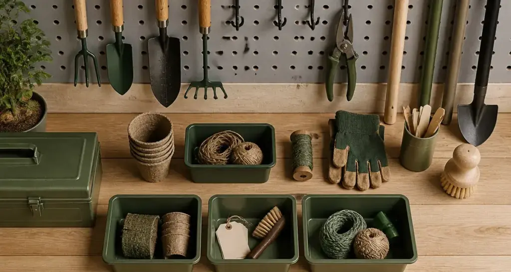 Rangement outils jardinage au mur avec crochets libérant l’espace au sol