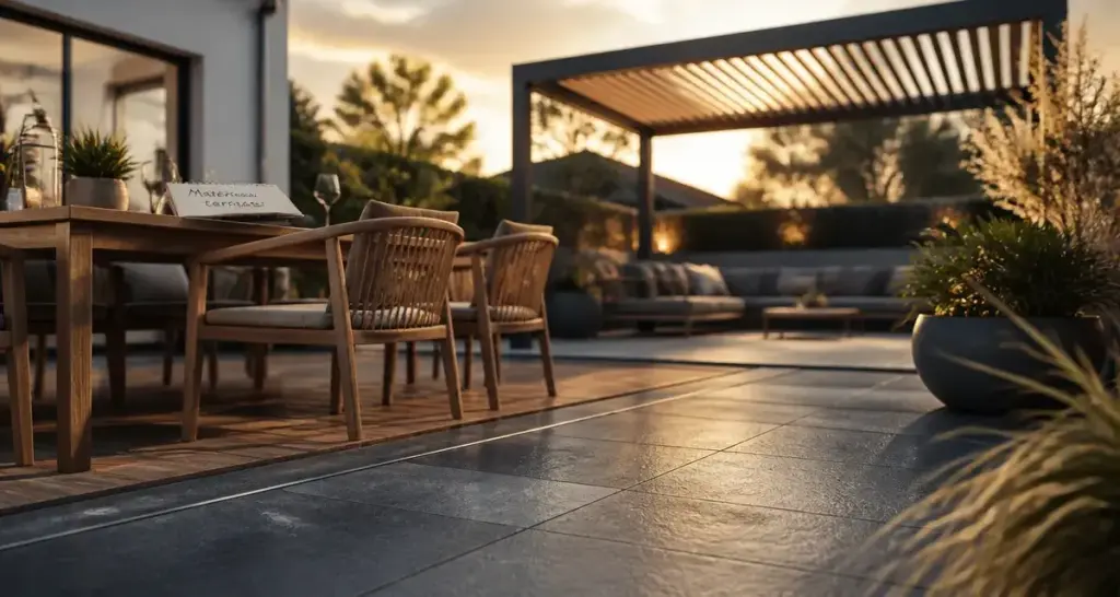 Terrasse maison moderne en grès cérame anthracite et pergola bioclimatique