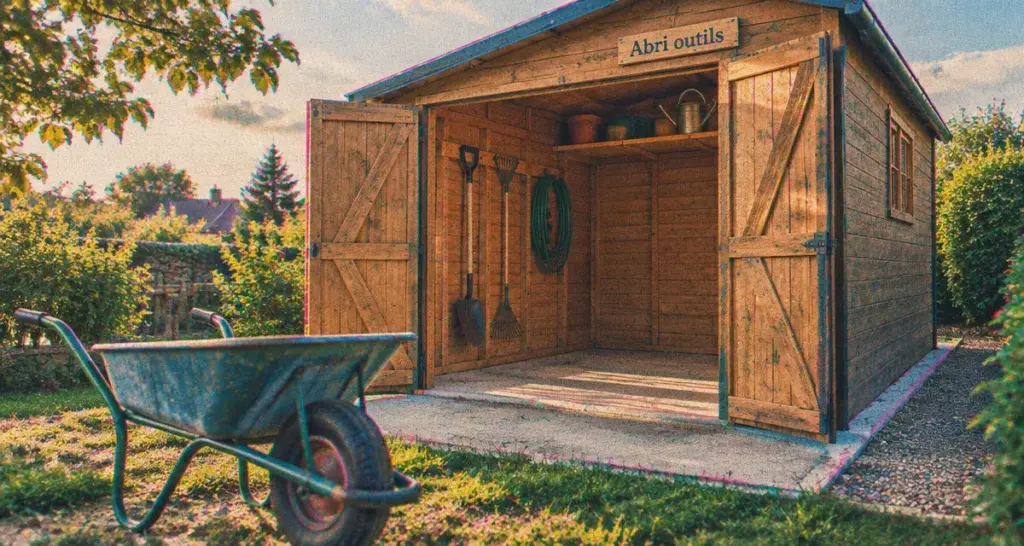 Abri outils de jardin : accès et rangement sur dalle préparée