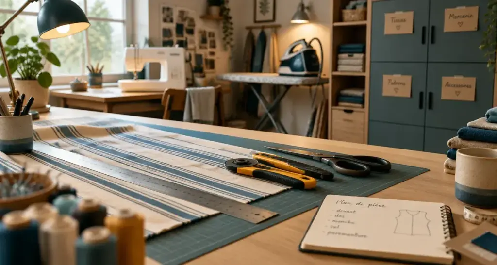 Aménagement atelier couture : table de coupe et coin repassage, sans mal de dos