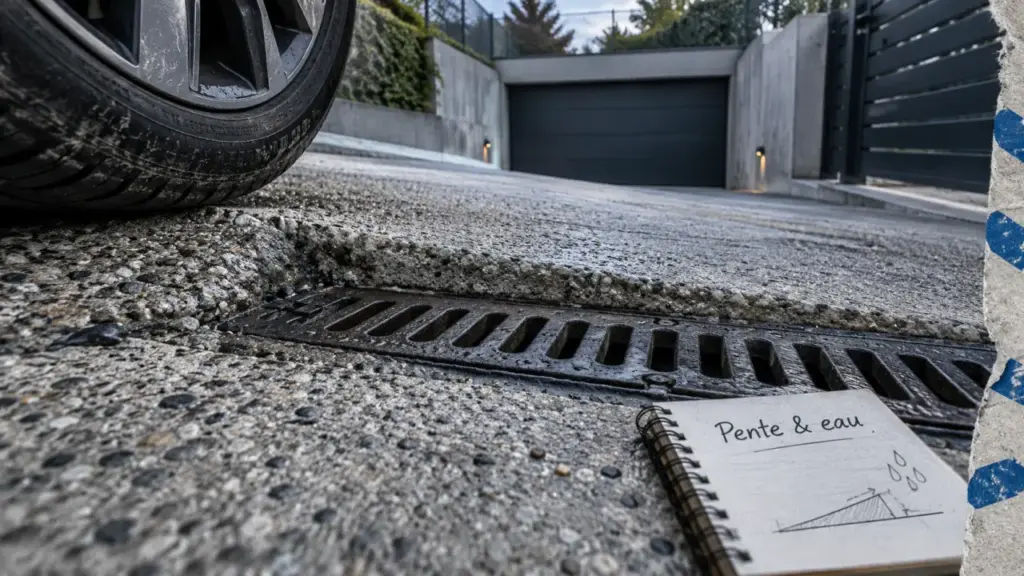 Aménagement descente de garage en pente raide, angles et béton d’accès