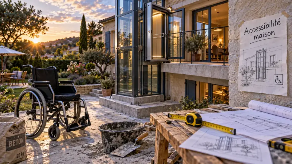 Ascenseur extérieur maison pour fauteuil roulant, accessibilité et travaux