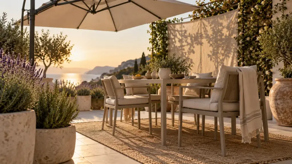 Comment aménager une terrasse exposée plein sud : parasol déporté et bacs de lavande et romarin