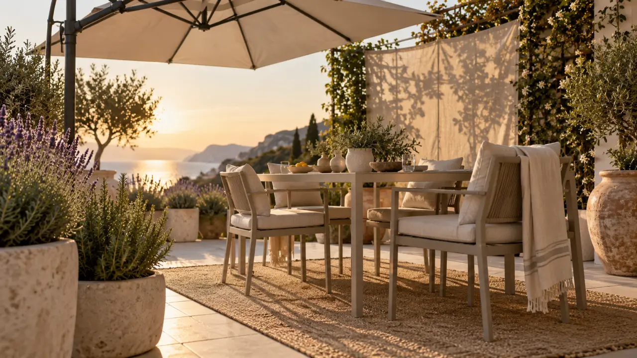 Une terrasse plein sud reste agréable avec un ombrage modulable et des bacs adaptés 7 Comment aménager une terrasse exposée plein sud : parasol déporté et bacs de lavande et romarin
