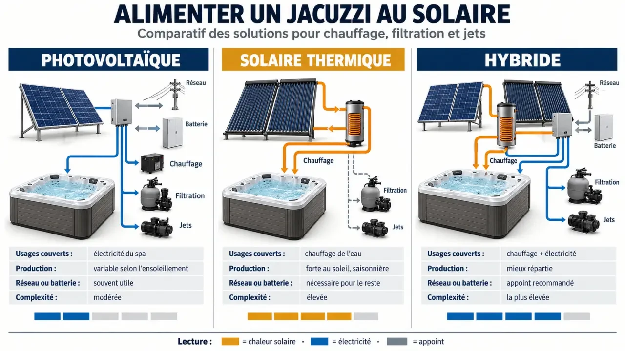 Panneau solaire pour jacuzzi : chauffer l’eau ne suffit pas à alimenter le spa 2 Infographie des solutions de panneau solaire pour jacuzzi : photovoltaïque, thermique et hybride