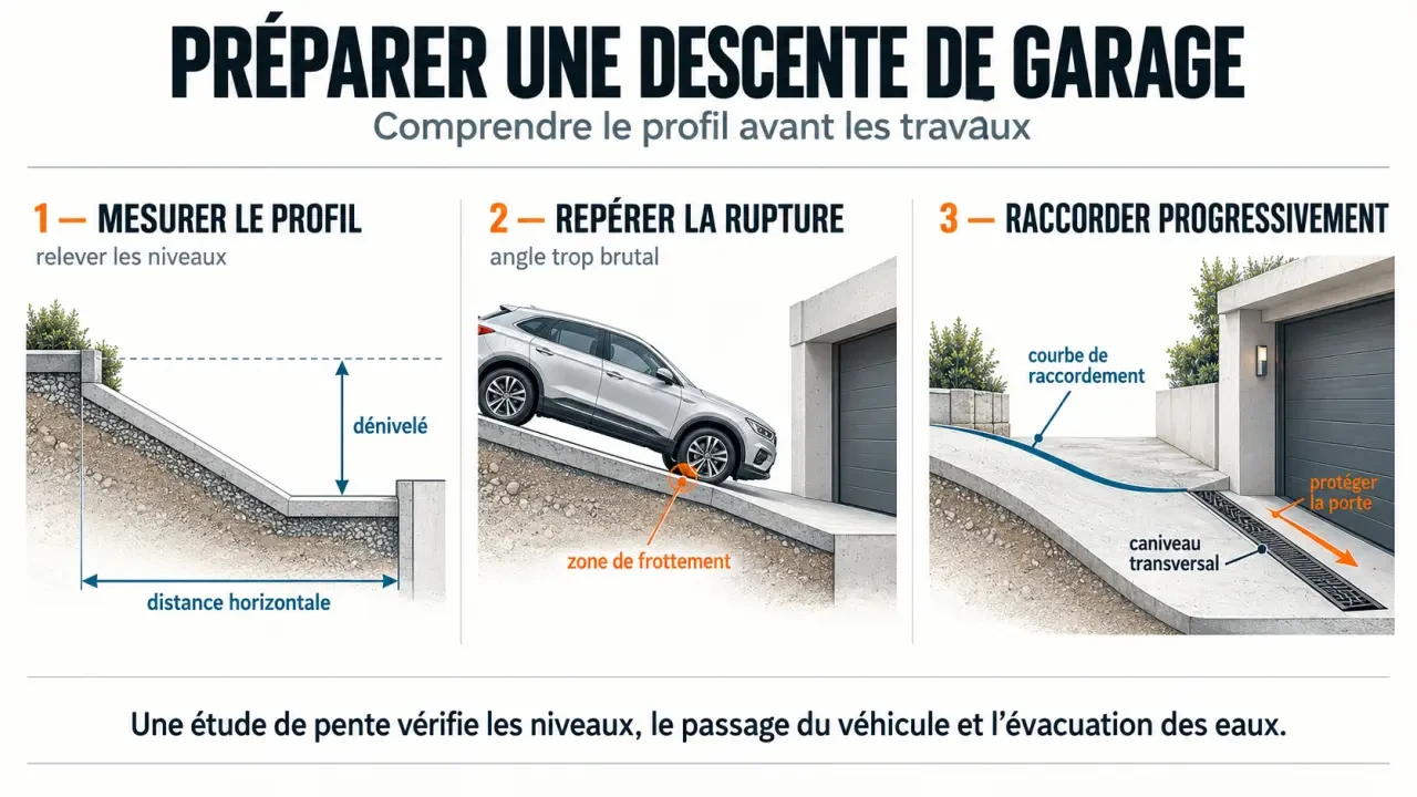 Aménagement d’une descente de garage en pente raide : corriger les angles avant de refaire le sol 2 Schéma pédagogique pour aménager une descente de garage en pente raide avec raccordement progressif et évacuation de l’eau