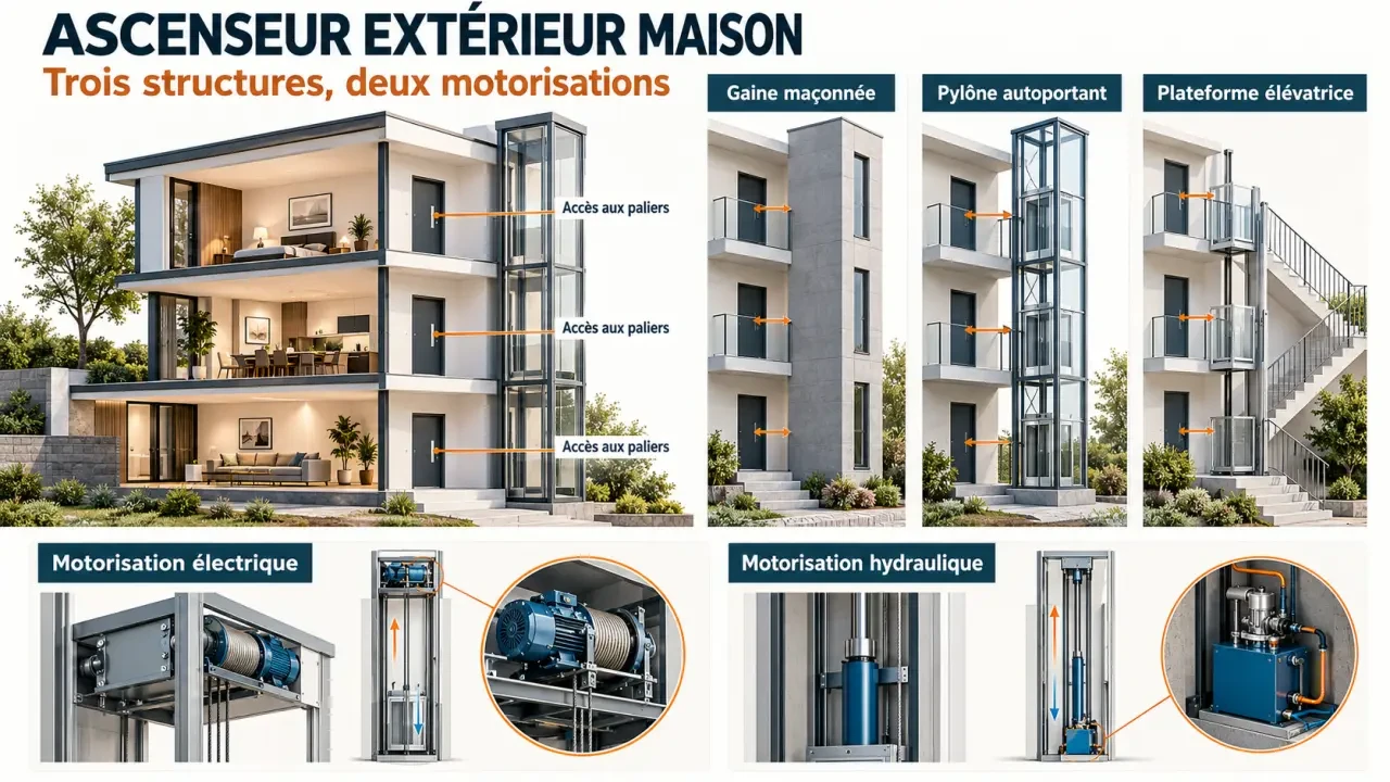 Ascenseur extérieur pour maison : gagner en autonomie sans sous-estimer les travaux 2 Comparaison des solutions d’ascenseur extérieur maison à gaine, autoportant et plateforme élévatrice