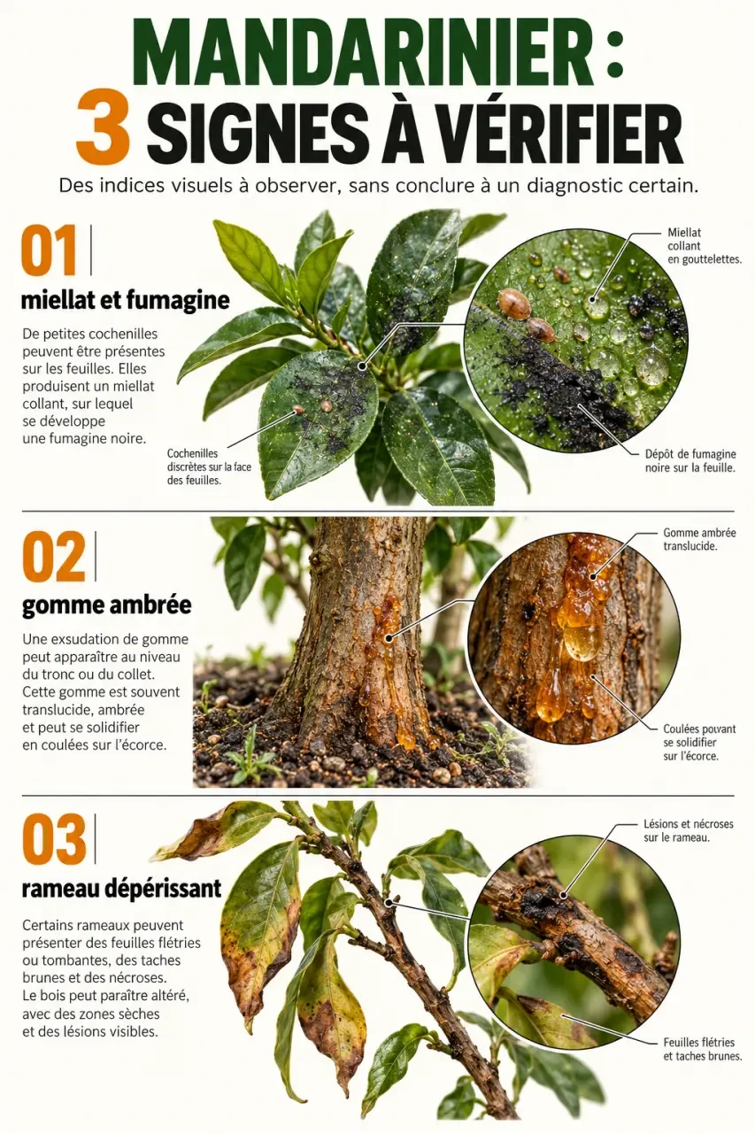 Mandarinier qui perd ses feuilles : manque d’eau ou racines asphyxiées ? 3 Mandarinier qui perd ses feuilles : fumagine, gomme ambrée et rameau dépérissant